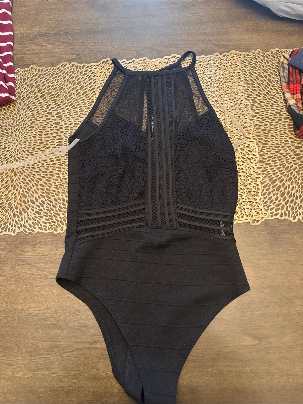 Fashion Nova Black Lace-Detail One-Piece Bodysuit